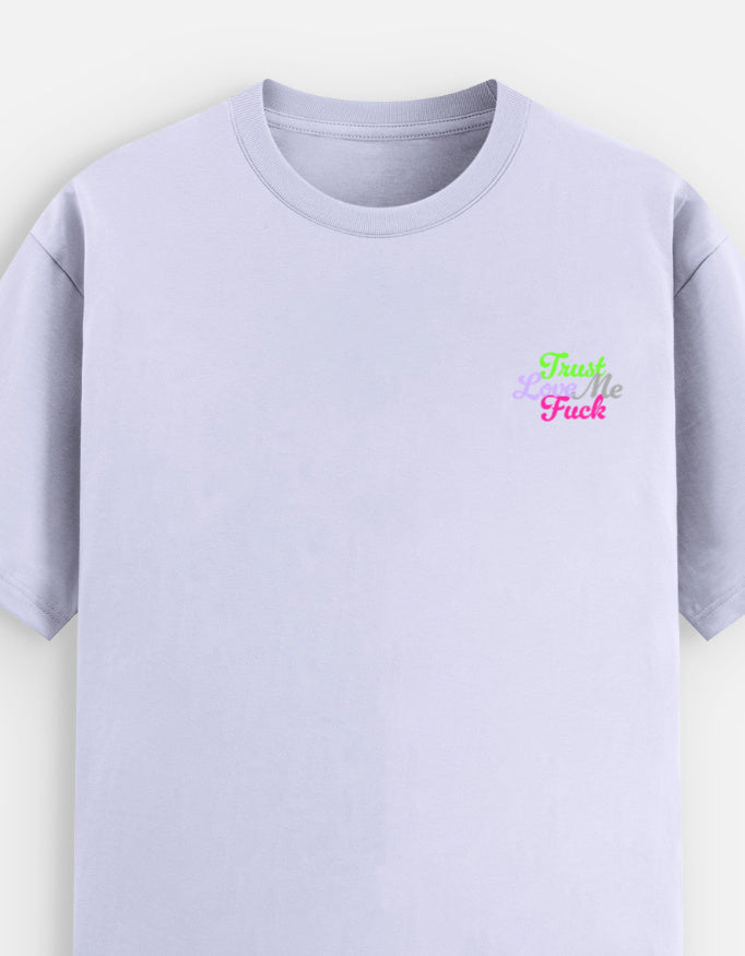 Light purple moonearth t-shirt with colorful embroidered text design on a light gray background