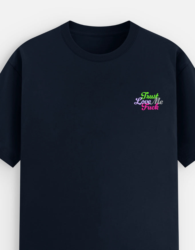 Navy moonearth t-shirt with colorful embroidered text on a light gray background