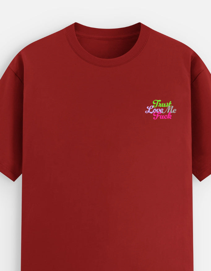 Red moonearth t-shirt with a small embroidered text design on a light gray background