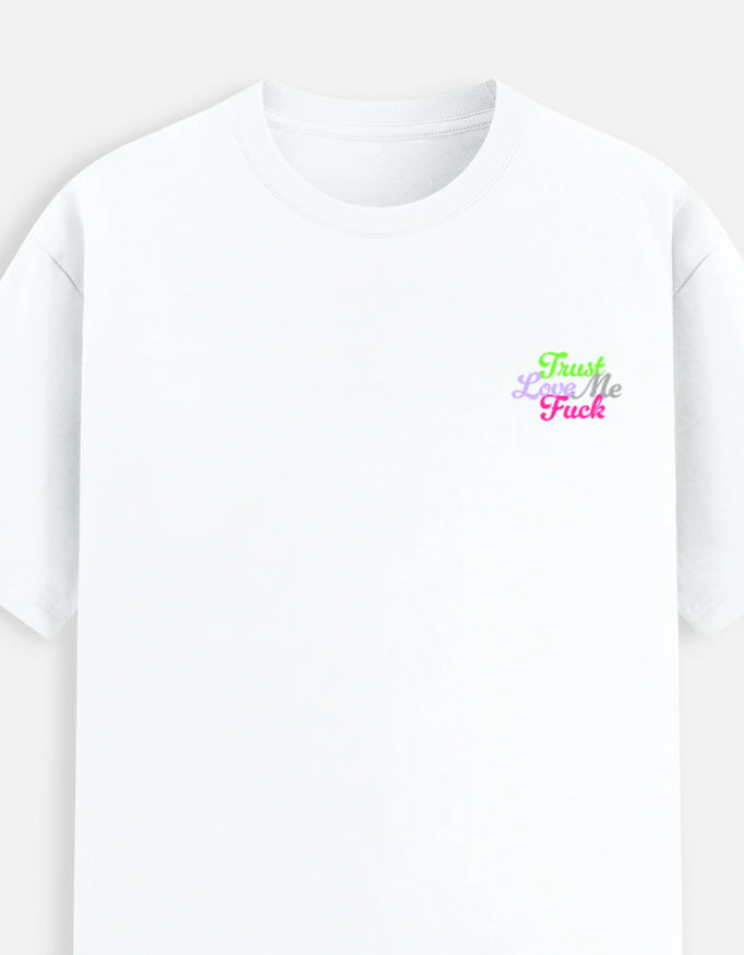 White moonearth t-shirt with colorful embroidered text design on a light gray background
