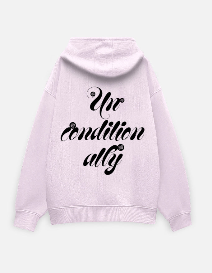 Light pink moonearth hoodie with black text on a light gray background