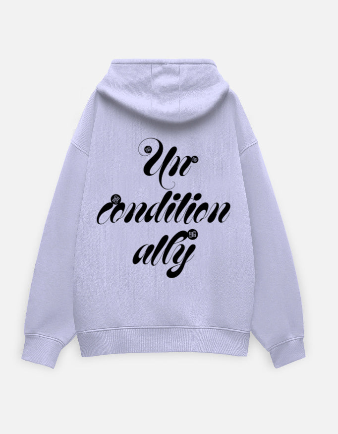 Light purple moonearth hoodie with black text on the back against a light gray background