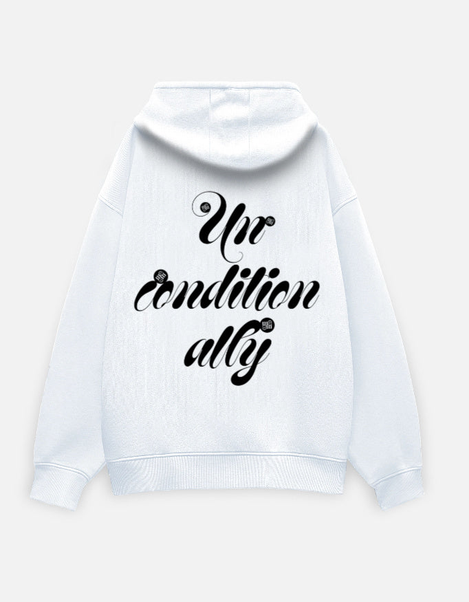 White hoodie with black moonearth text on a light gray background