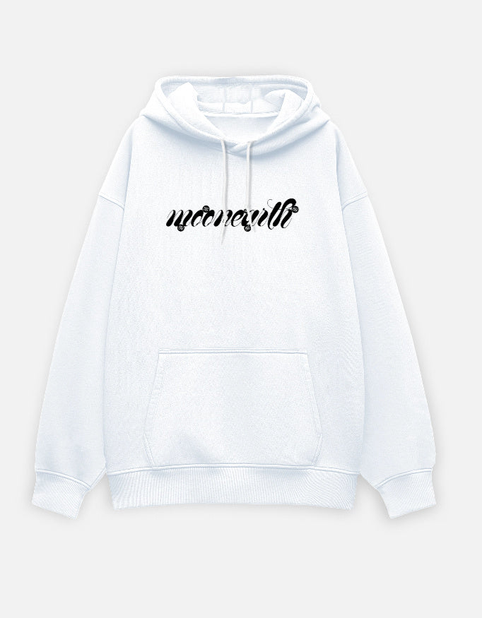 White hoodie with black moonearth text on a light gray background