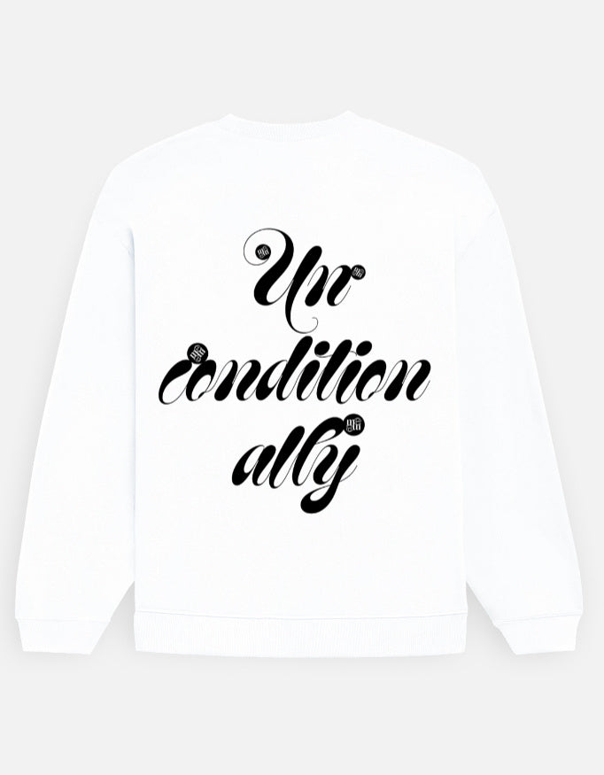 White moonearth sweatshirt with black text 'Unconditionally' on a light gray background