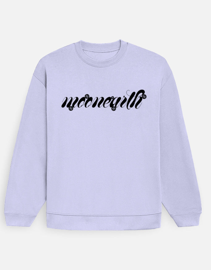 Light purple moonearth sweatshirt with black text on a light gray background
