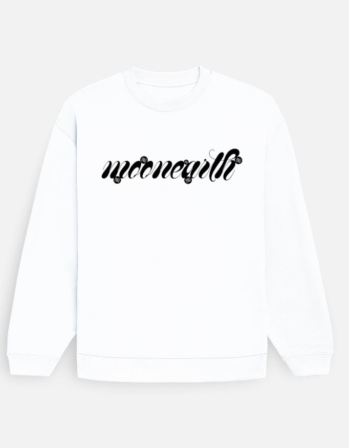White moonearth sweatshirt with black text on a light gray background